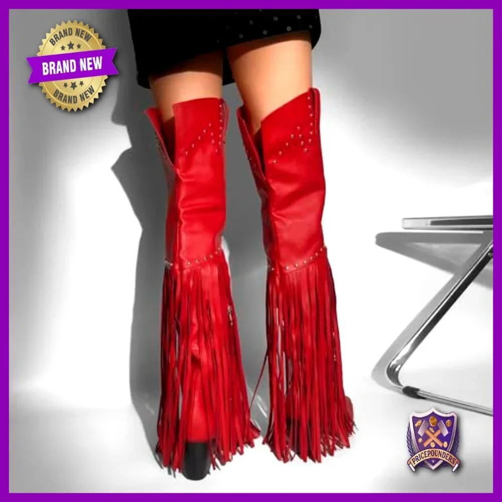 Fringe Tassel Thigh High Over Knee Western Cowboy Boots Wide Calf Stacked Heel